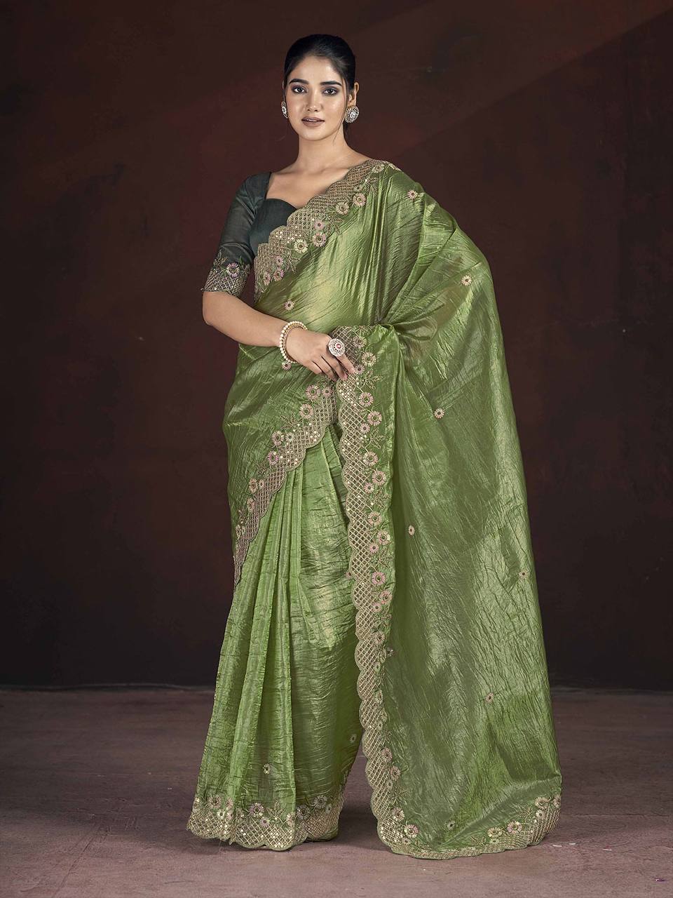 Amazing Designer Ocassion Wear Special Gold Crunchy Saree Collection.