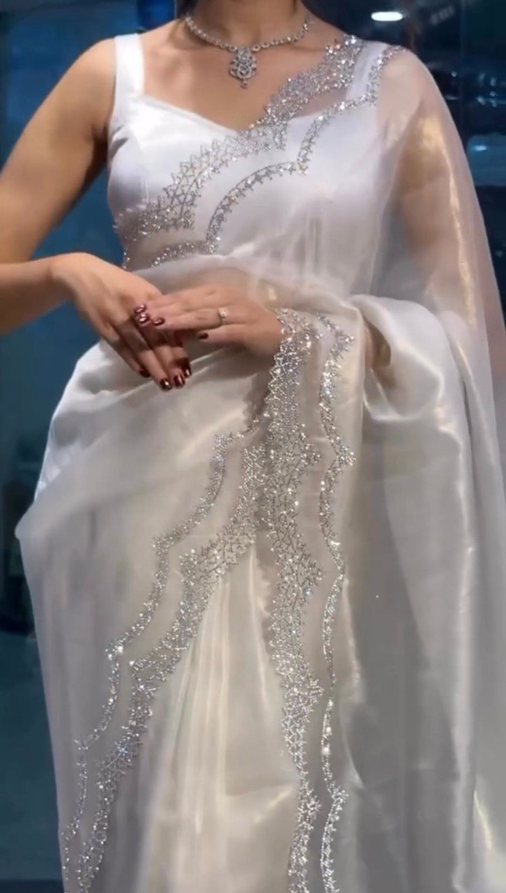 Latest Designer New White Organza Silk Saree Collection.