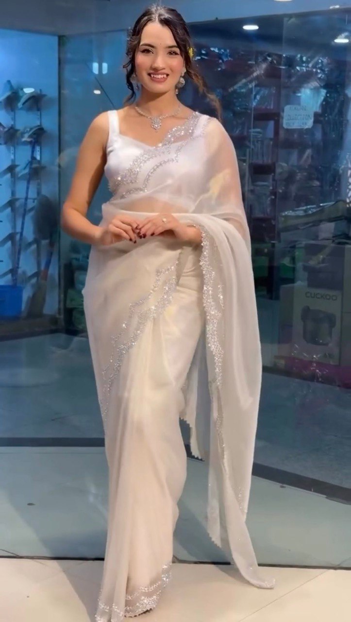 Latest Designer New White Organza Silk Saree Collection.