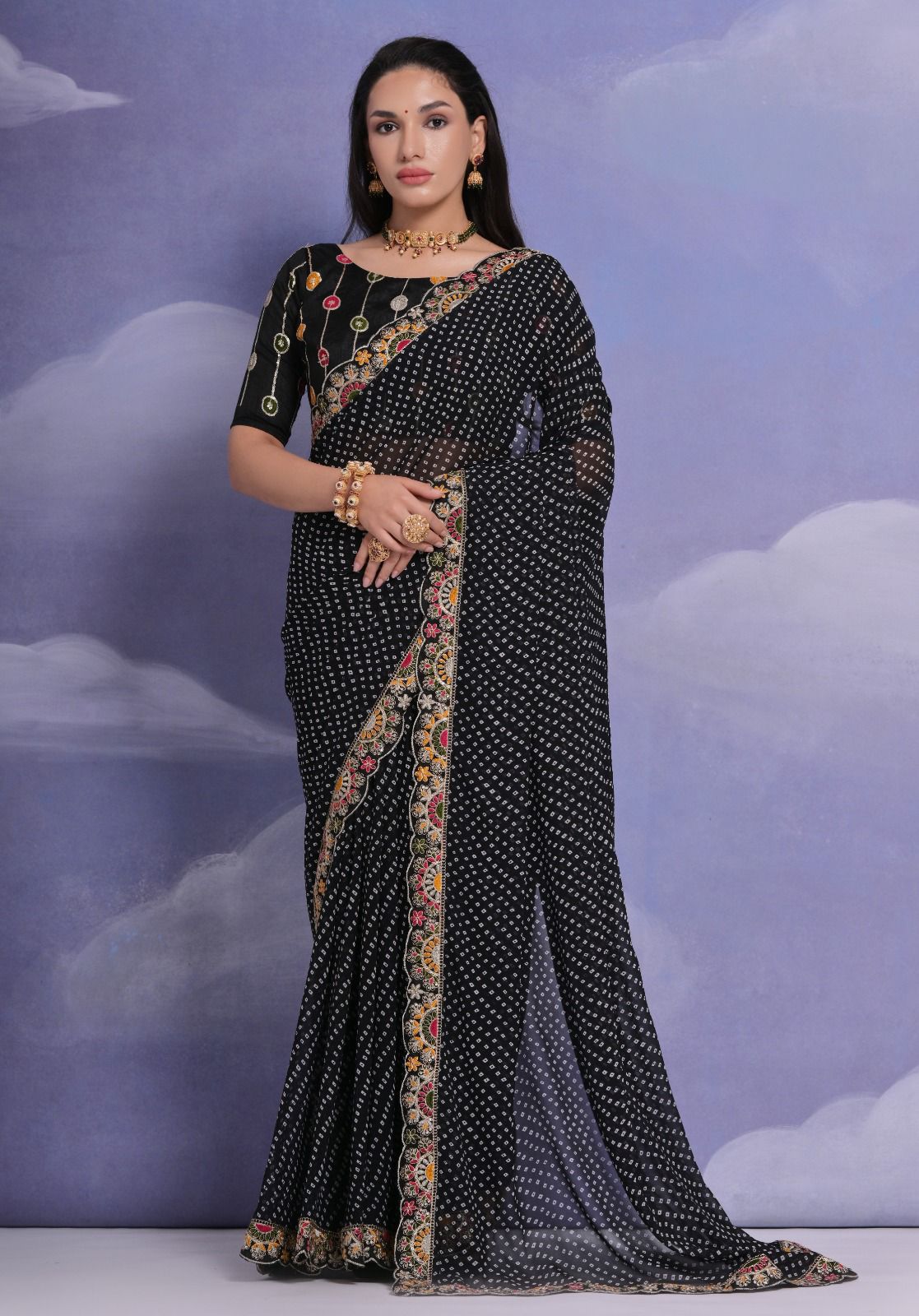 Black Soft Georgette Bandhni Saree Collection.