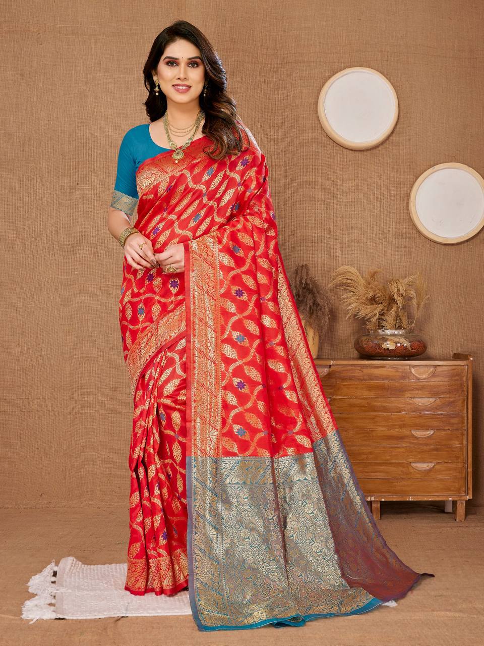 traditional  Red Banarasi Silk Saree.