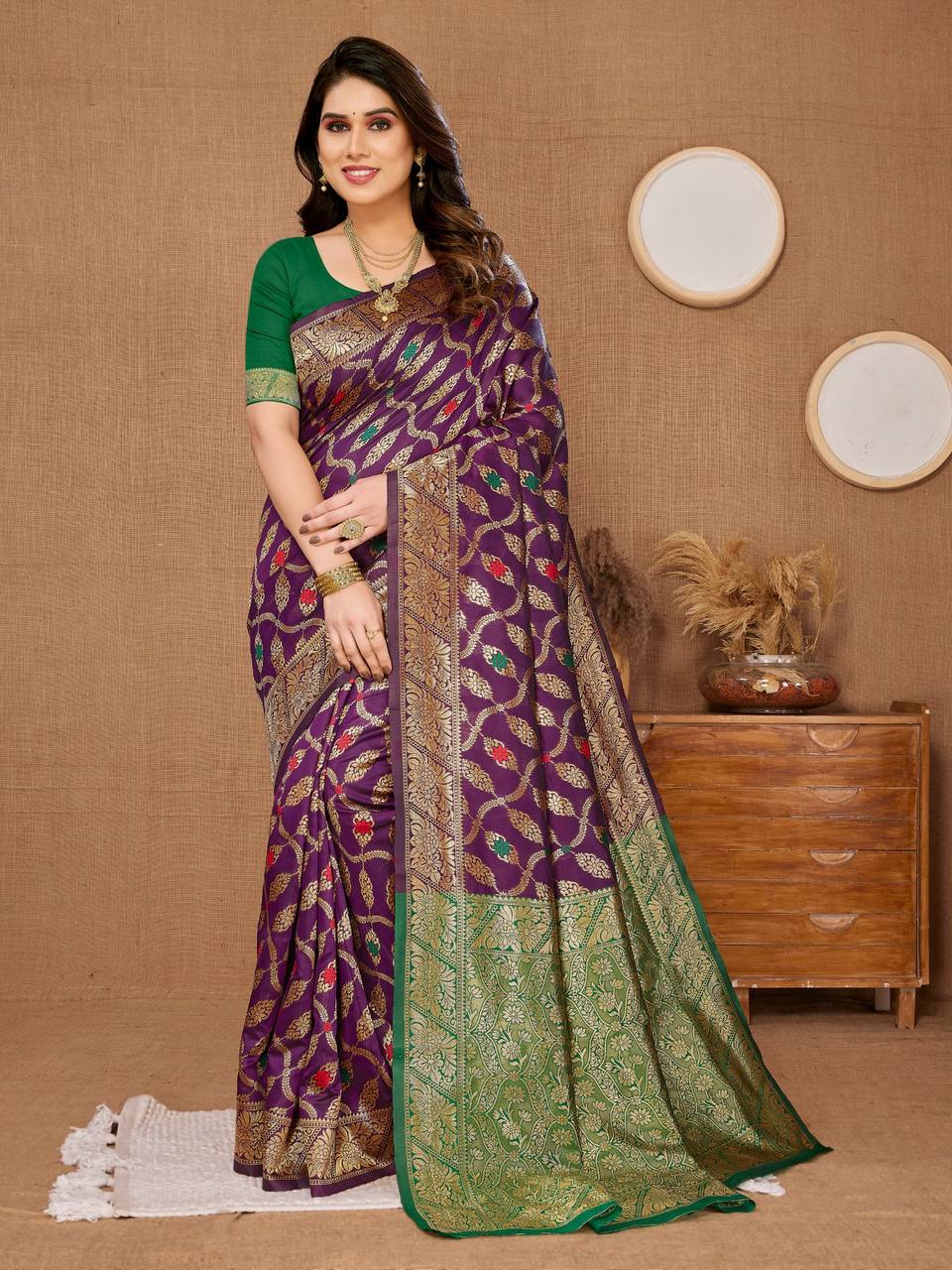 Beautiful Wine Color Kanjiwarm Work Banarasi  Silk Saree.