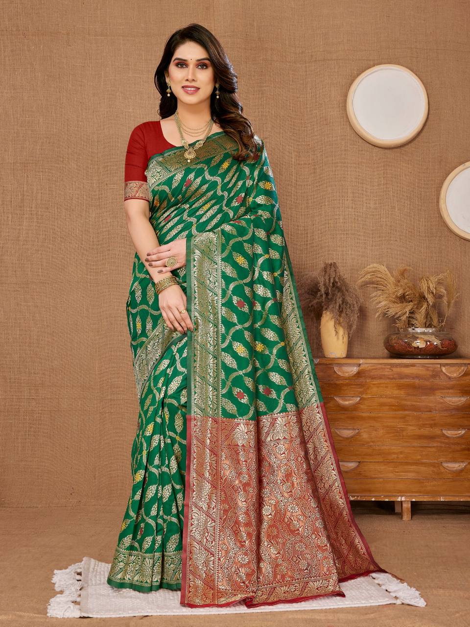 New Designer Banarasi Soft Silk Green Saree.