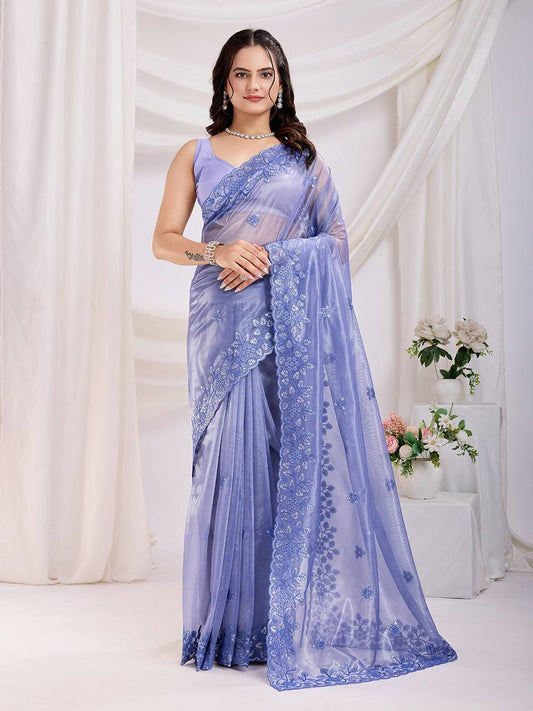 Latest Trendy Premium Gold Twill Net Blue Saree.