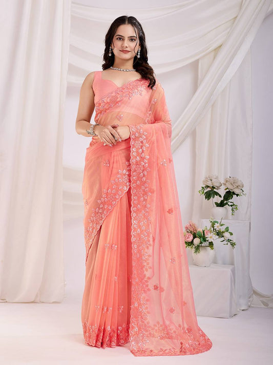 Latest Trendy Gold Twill Net Saree Collection.
