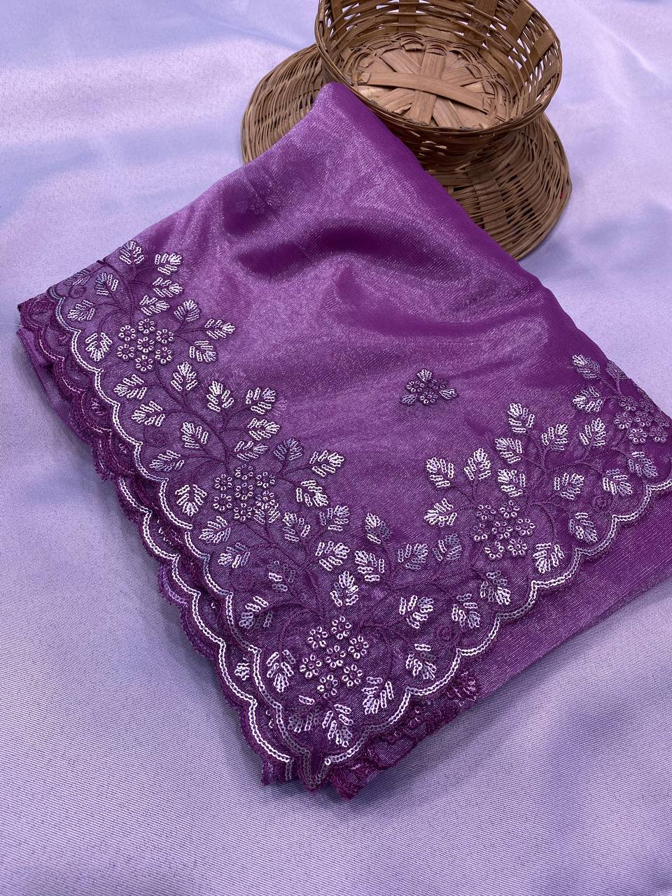Gold Twill Net Designer Party Wear Lavender Saree Collection.