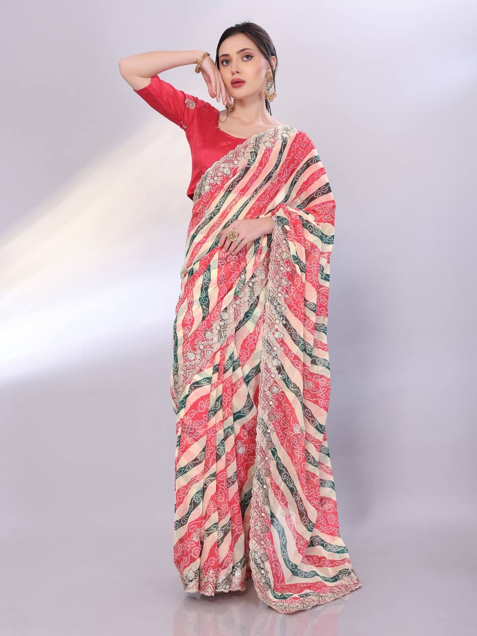 Pretty Designer Leriya Bandhani Printed Saree Collection.