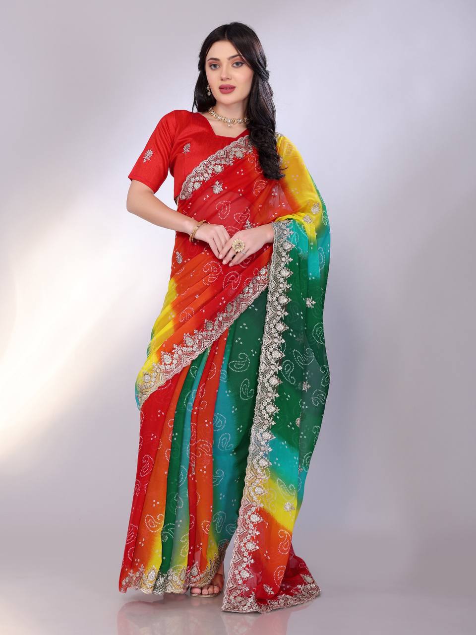Gorgeous Designer New Multi Colored Bandhani Printed Saree Collection.