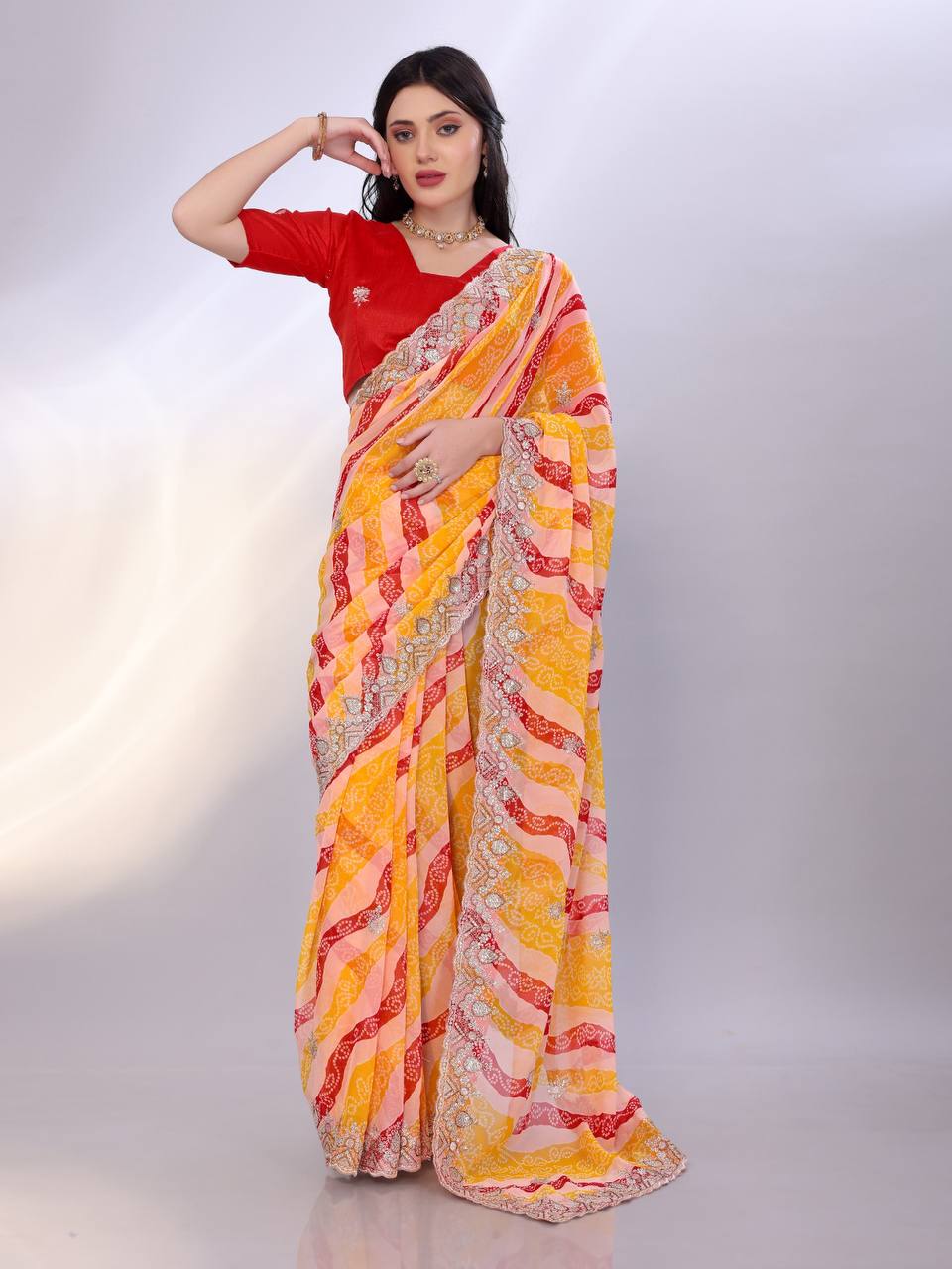 Latest Trendy Leriya Bandhani Printed Saree Collection.