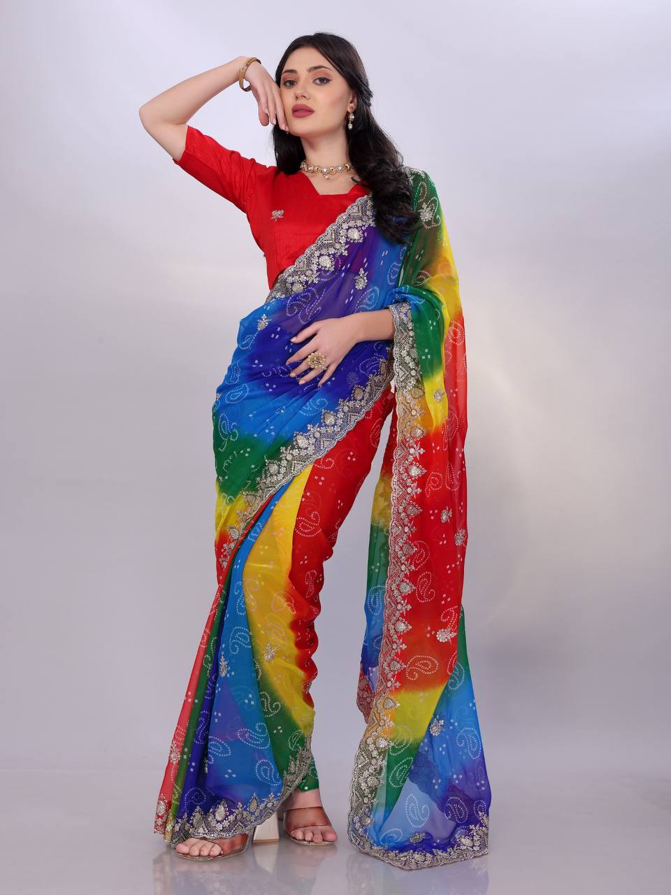 Latest Trendy Multi Colored Bandhani Printed Saree Collection.
