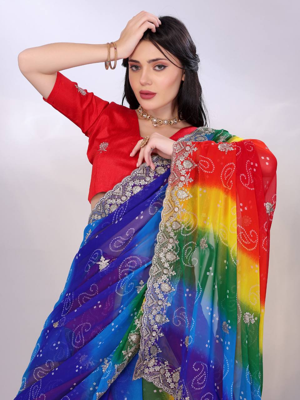 Latest Trendy Multi Colored Bandhani Printed Saree Collection.