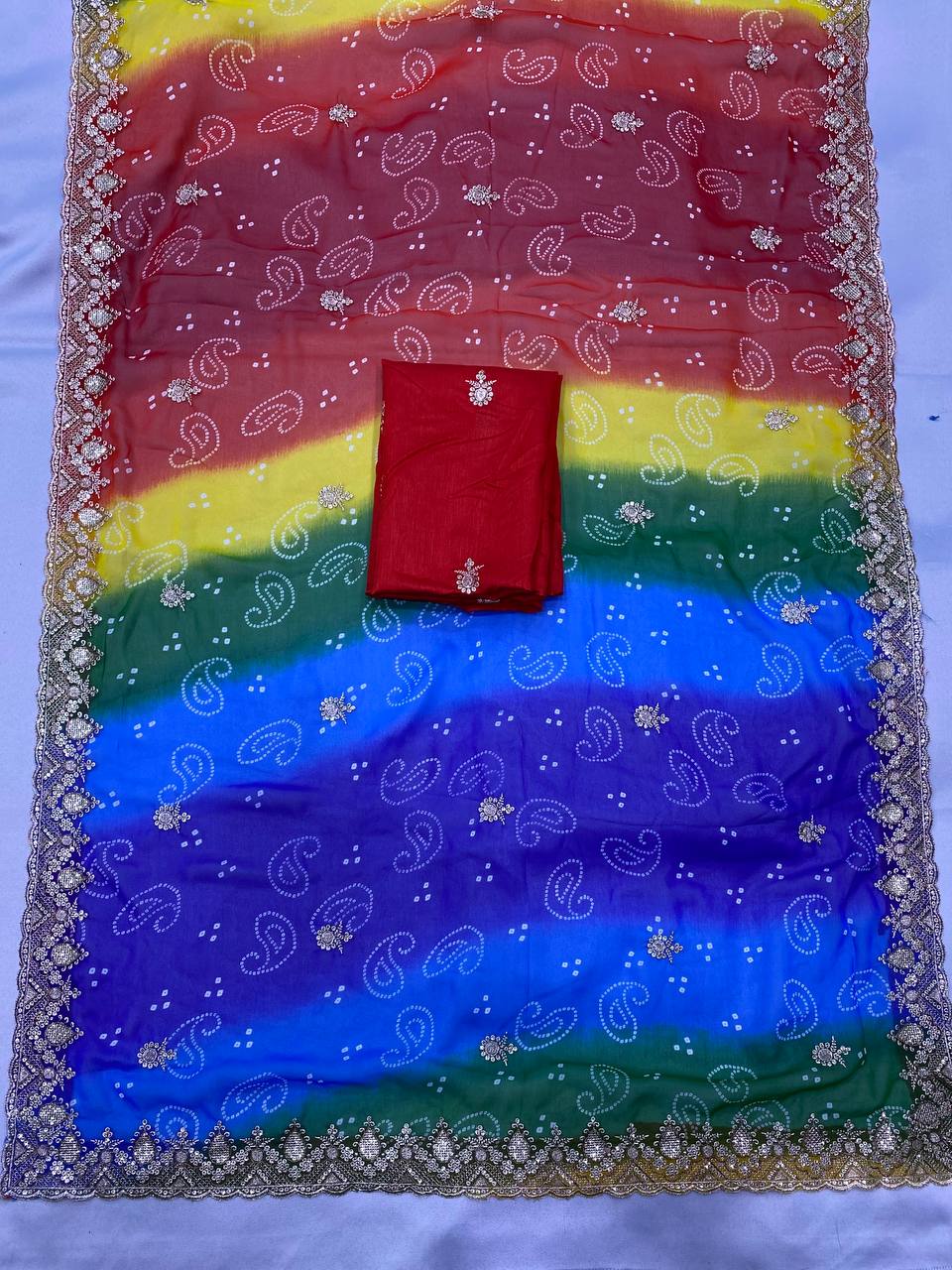 Latest Trendy Multi Colored Bandhani Printed Saree Collection.