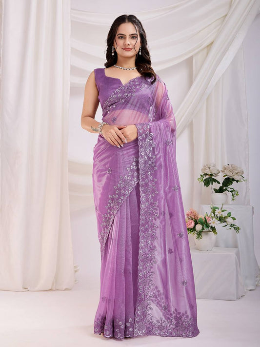 Gold Twill Net Designer Party Wear Lavender Saree Collection.