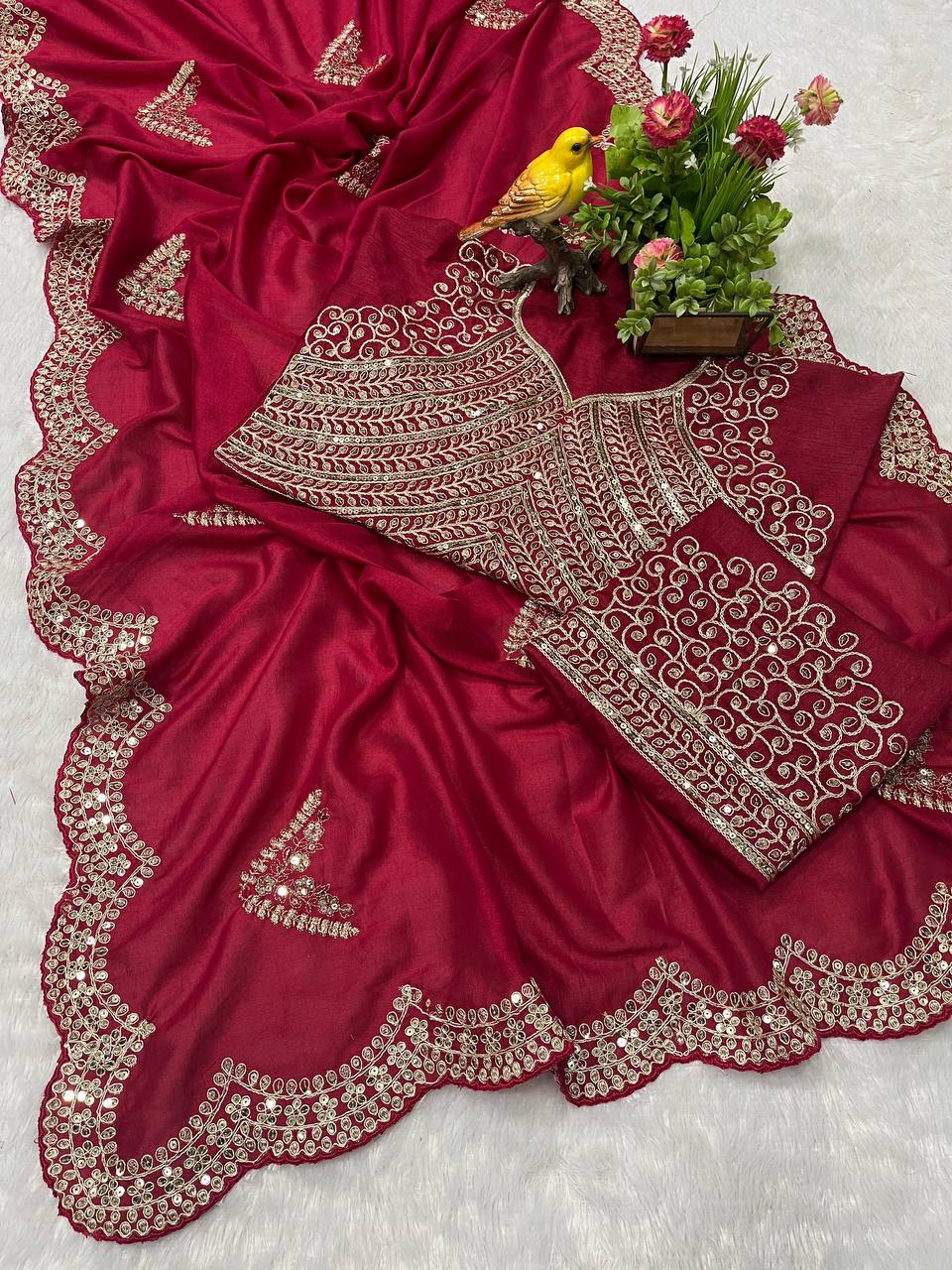 Perfect Designer Red Cherry Vichitra Blooming Saree Collection.