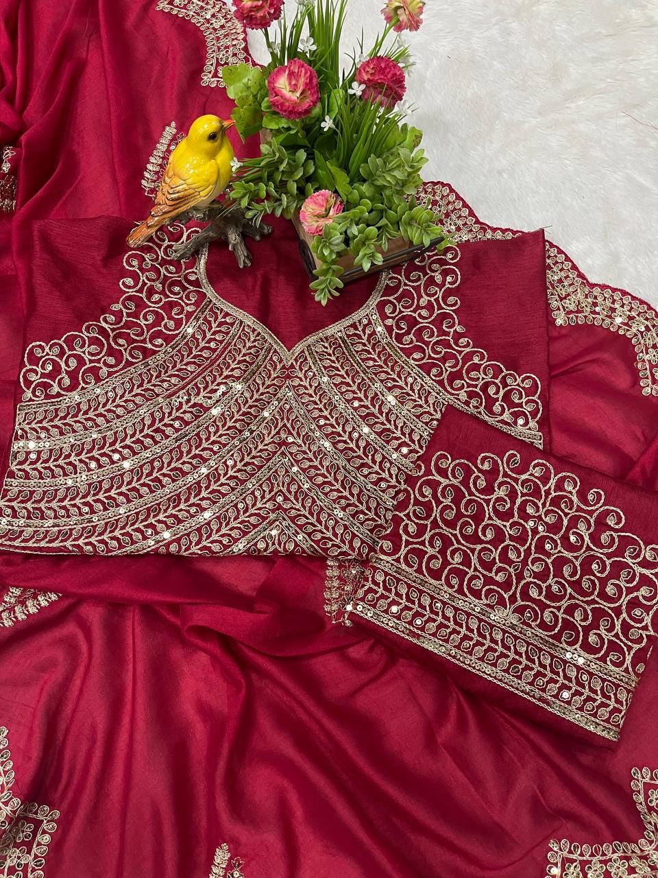 Perfect Designer Red Cherry Vichitra Blooming Saree Collection.