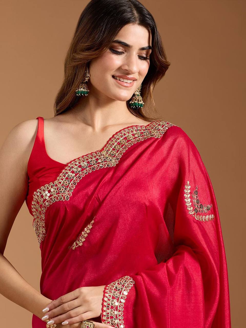 Perfect Designer Red Cherry Vichitra Blooming Saree Collection.