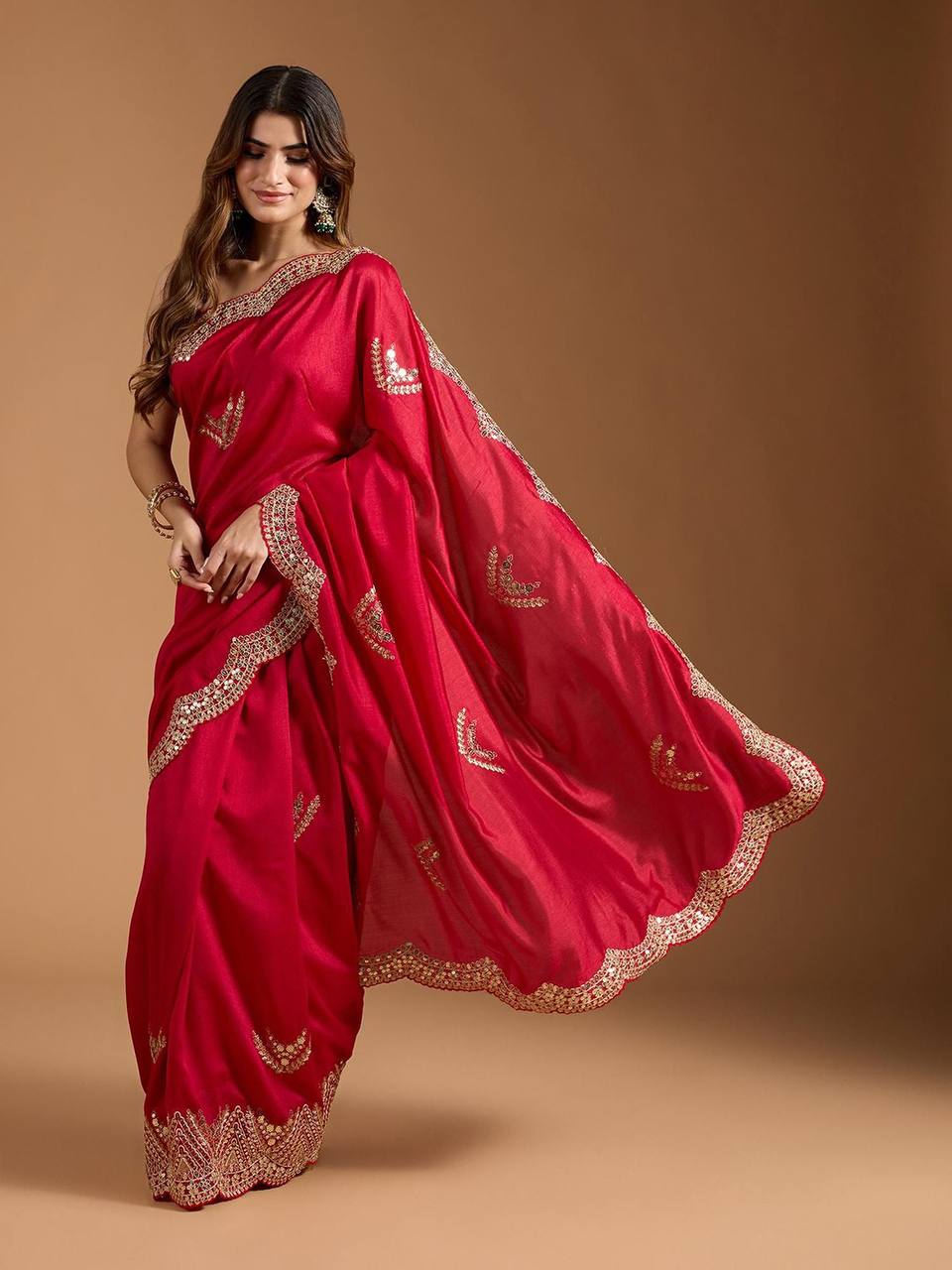Perfect Designer Red Cherry Vichitra Blooming Saree Collection.