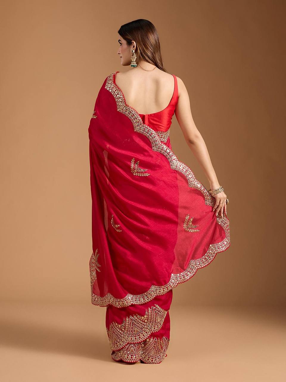Perfect Designer Red Cherry Vichitra Blooming Saree Collection.
