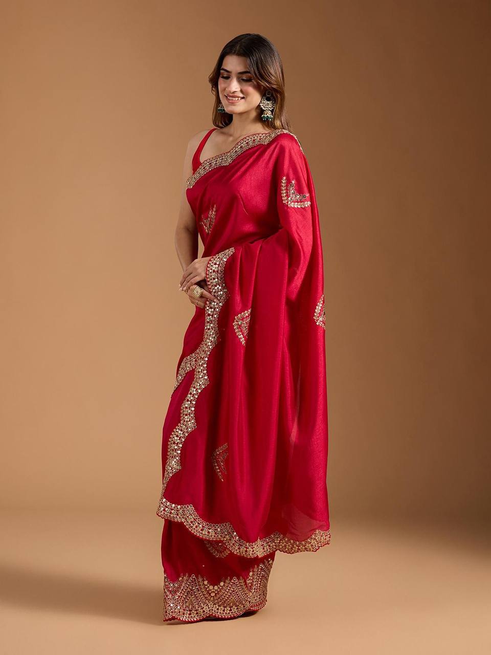 Perfect Designer Red Cherry Vichitra Blooming Saree Collection.