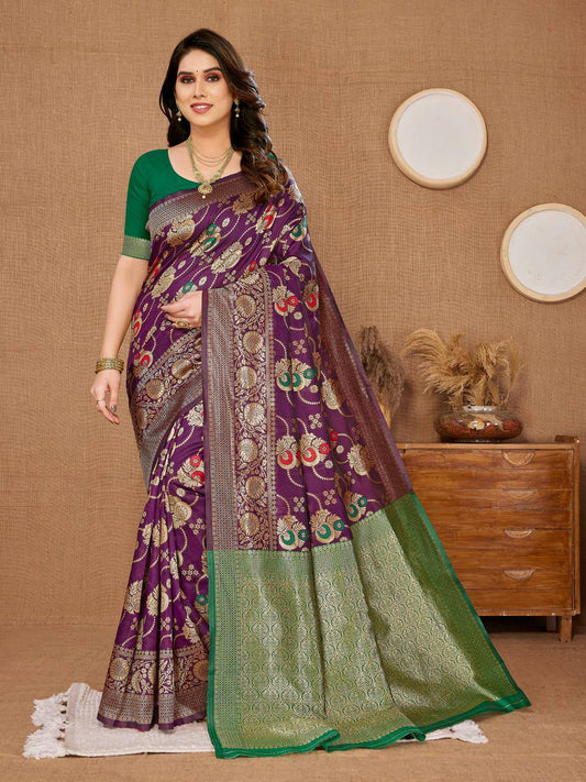 New Latest Banarasi Soft Silk Wine Color Saree.