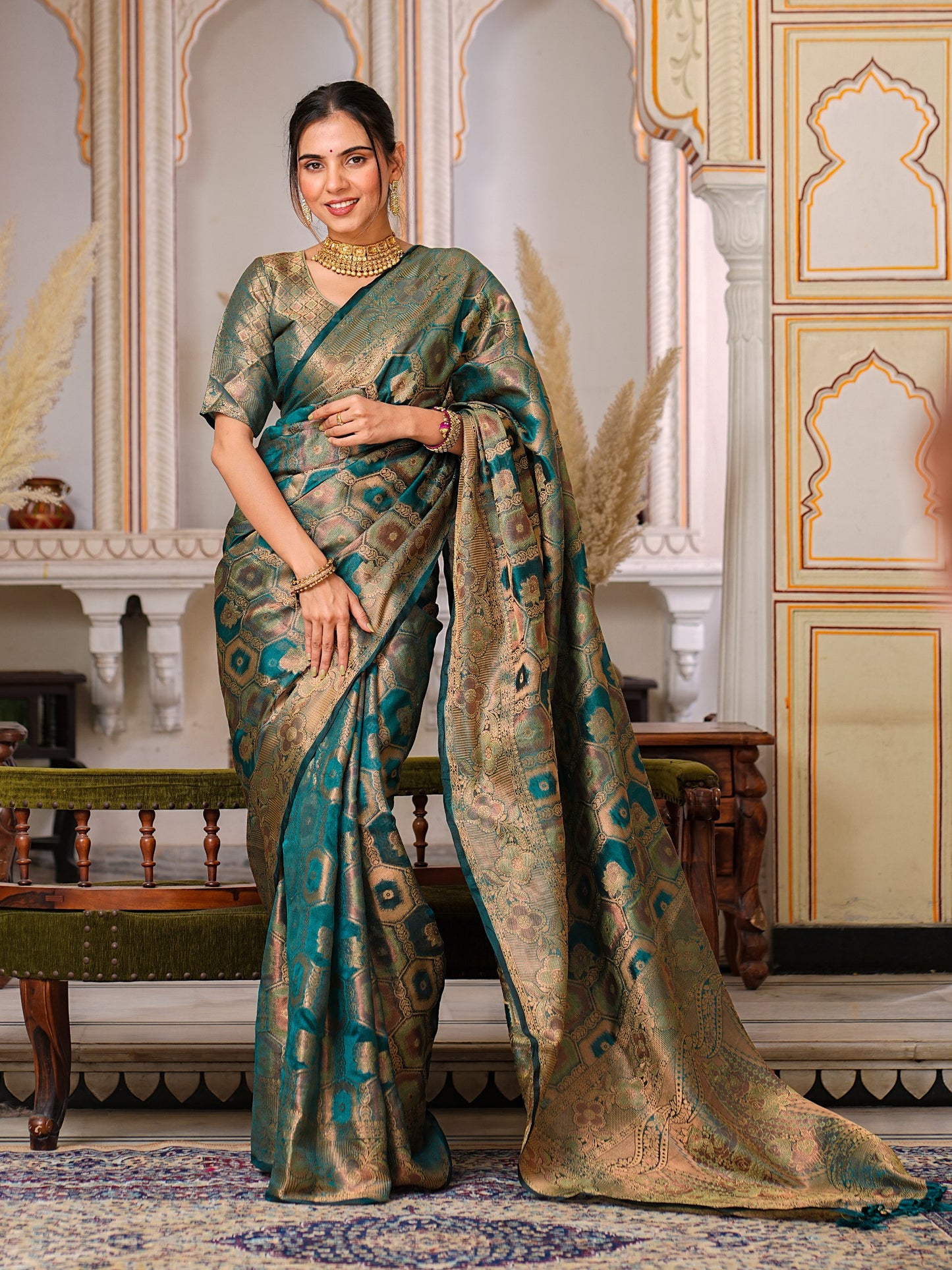 Rama Color Trendy Wedding Function Special Designer Saree Collection.