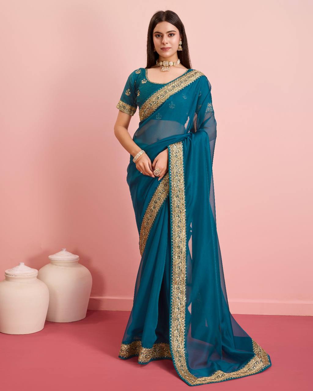 Premium Soft Tibby Silk Organza Blue Color Saree.