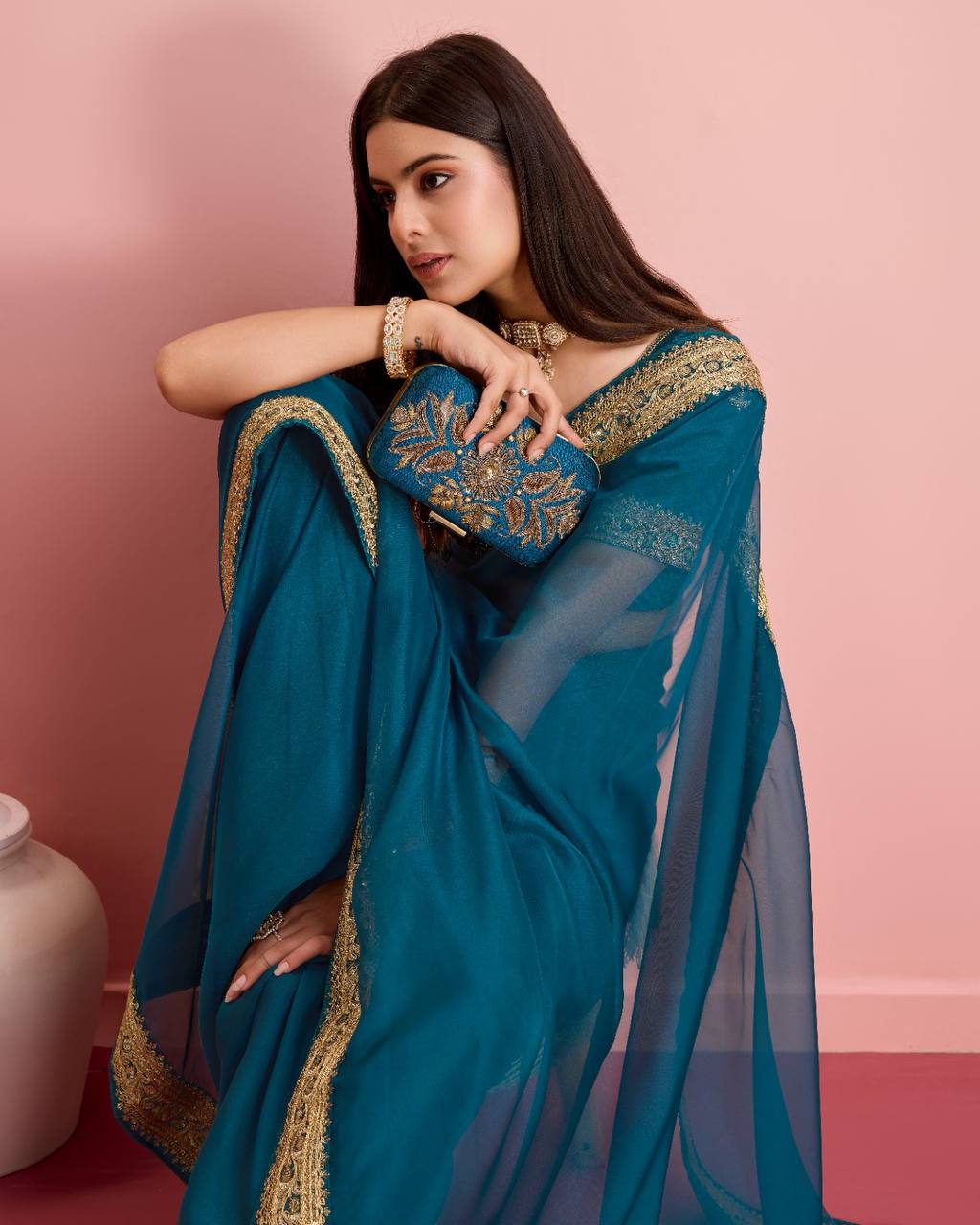 Premium Soft Tibby Silk Organza Blue Color Saree.