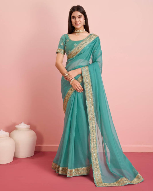 Attractive Designer Premium Tibby Silk Sky Blue Saree.