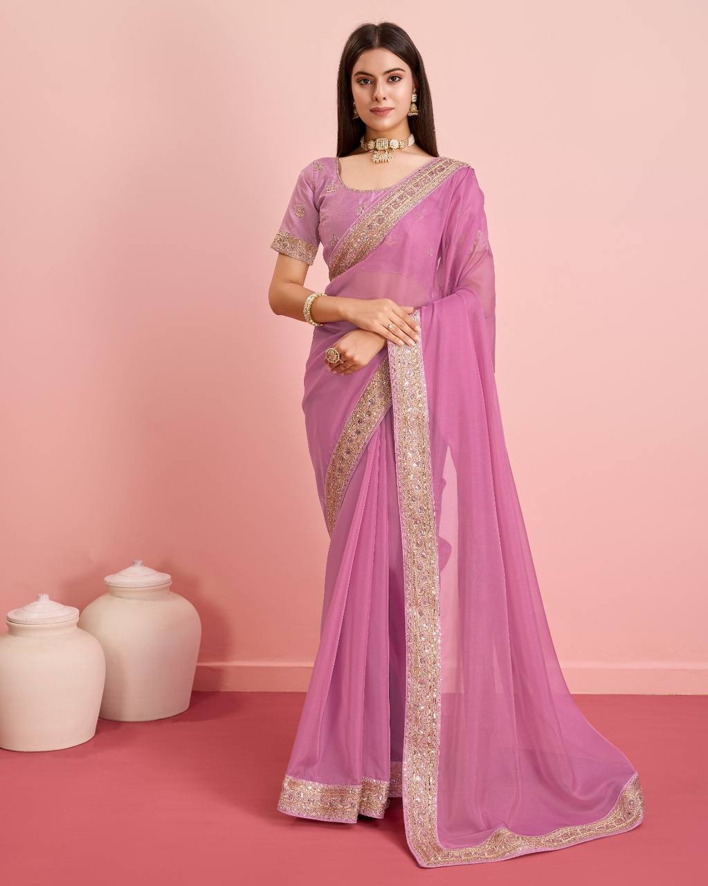 Beautiful Designer Light Pink Premium Soft Tibby Silk Organza Saree.