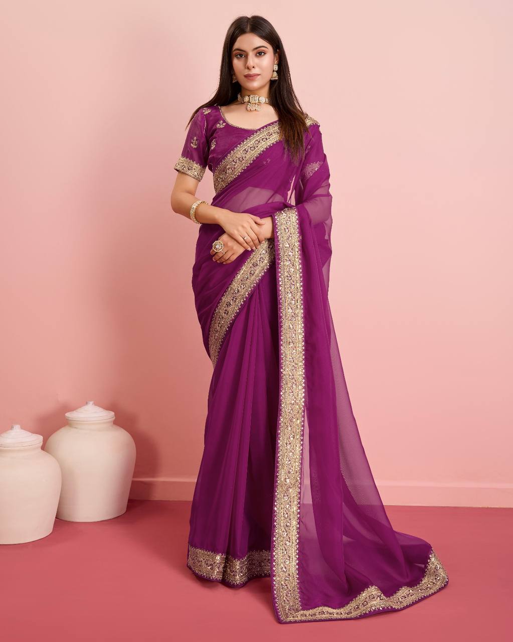 Elegant Look Premium Soft Tibby Silk Organza Wine Color Saree.