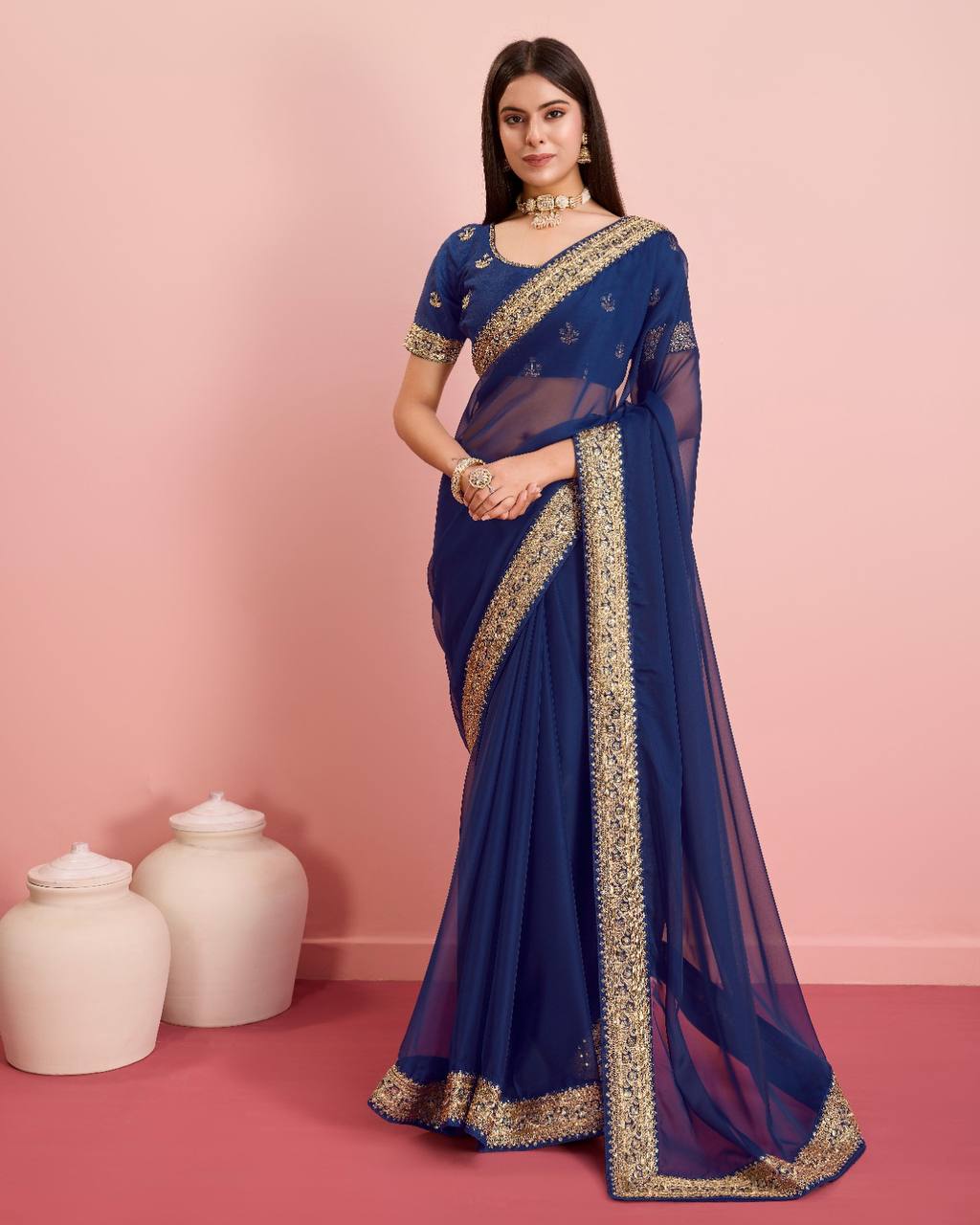 Impressive Dark Blue Premium Soft Tibby Silk Organza Saree.