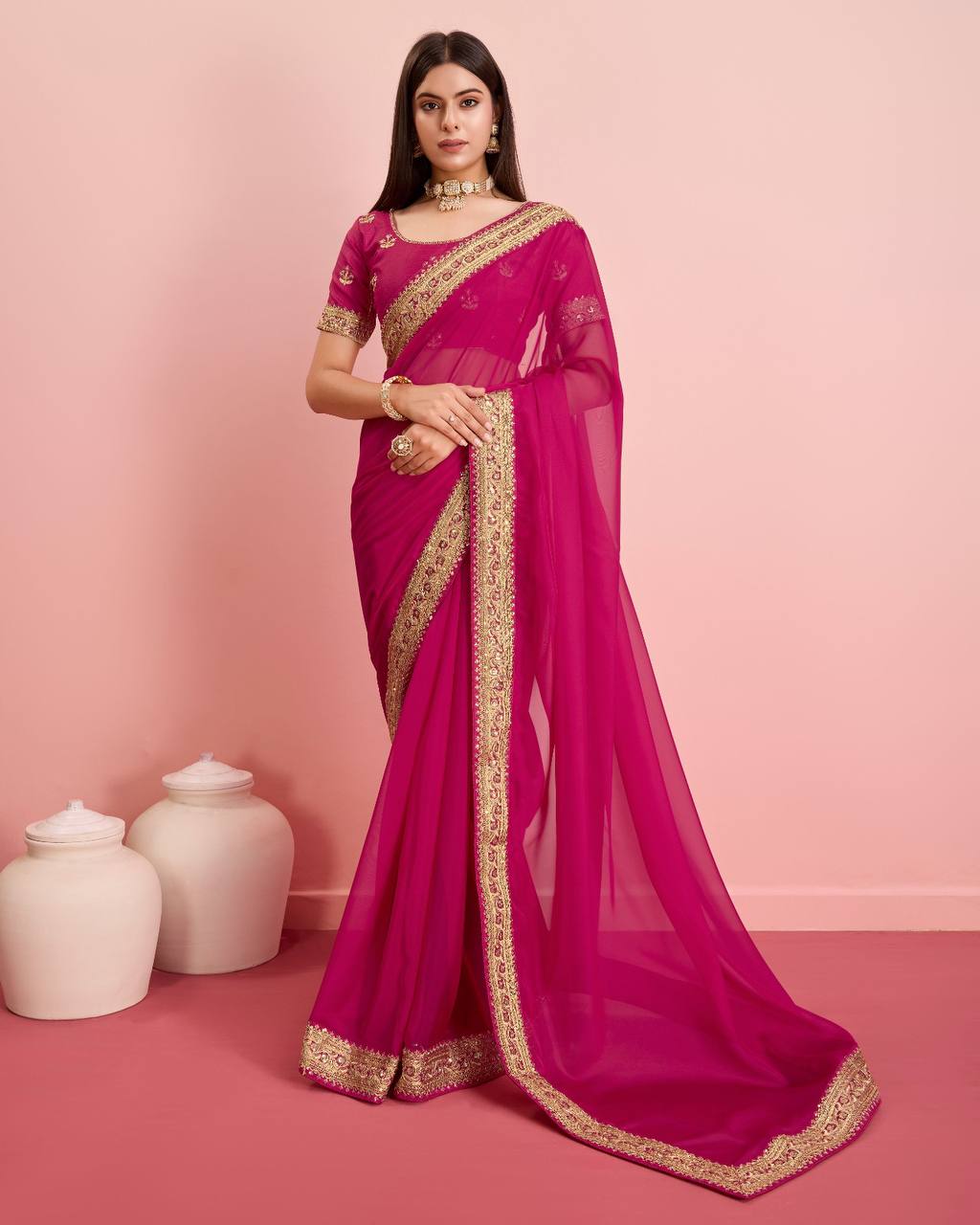 Designer Preety Pink Premium Soft Tibby Silk Organza Saree.