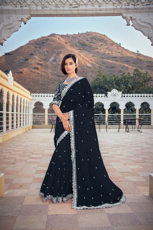 Amazing Party Wear Look Pure Bright Organza Silk Navy Blue Saree.