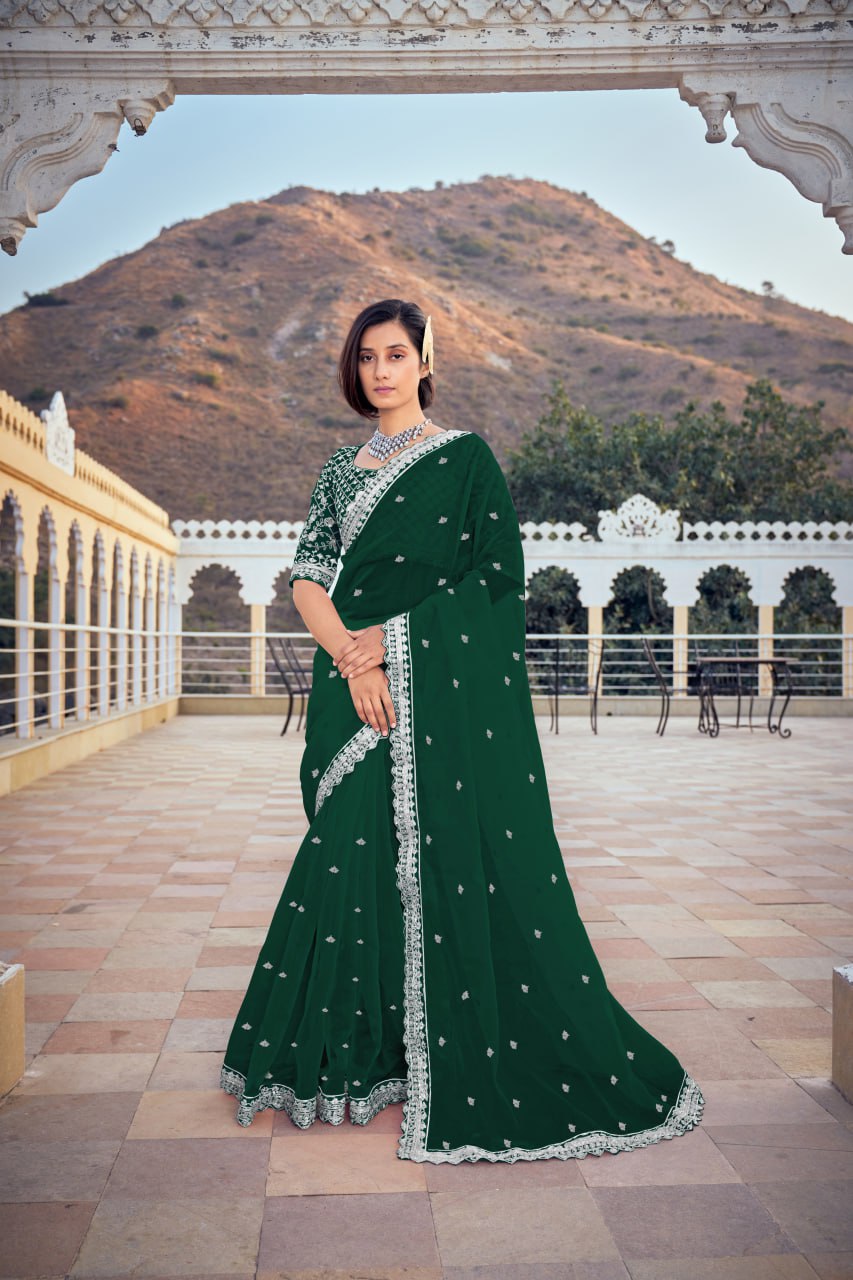 Party Wear Designer Pure Organza silk Green Colour Saree.
