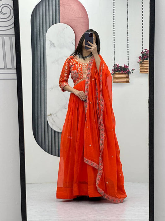 Latest Designer Wedding Wear Special Orange Heavy Faux Georgette Gown Collection.