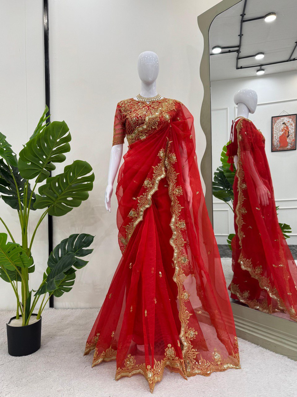 Latest Designer Pretty Red Organza Silk Saree Collection.