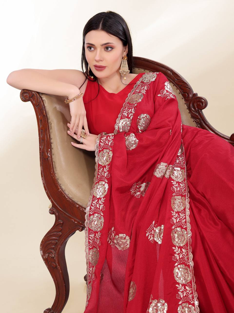 Wedding Wear Special Red Chinon Silk Saree Collection.
