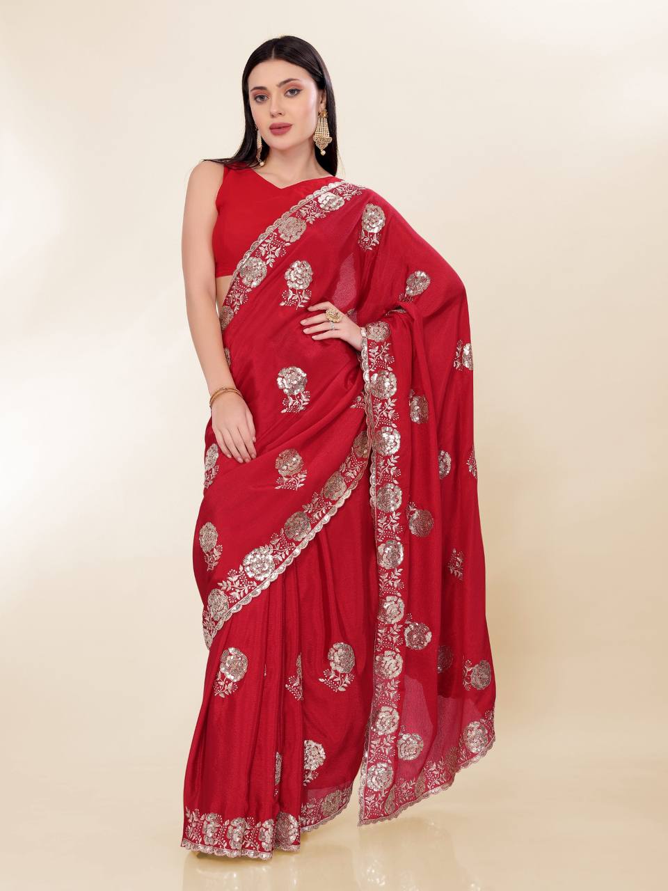 Wedding Wear Special Red Chinon Silk Saree Collection.