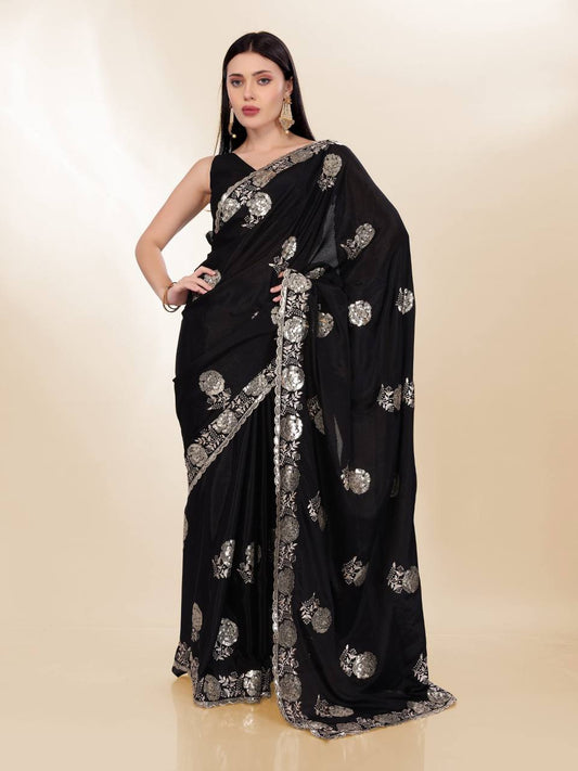 Party Wear Special New Black Chinon Silk Saree Collection.