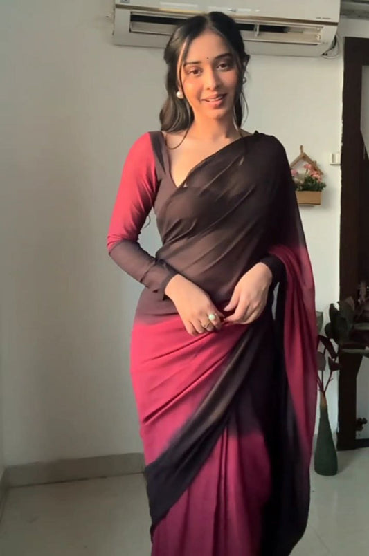1-Minute Ready To Wear Black Red Color Premium  Georgette Ready To Wear Saree.