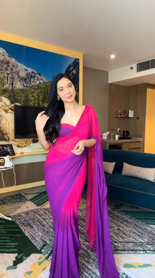 1-Minute Ready To Wear Purpul Pink Color Georgette Saree.