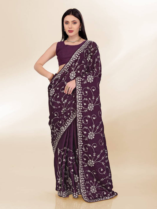 Beautiful Wedding Wear Special New Wine Chinon Silk Saree Collection.