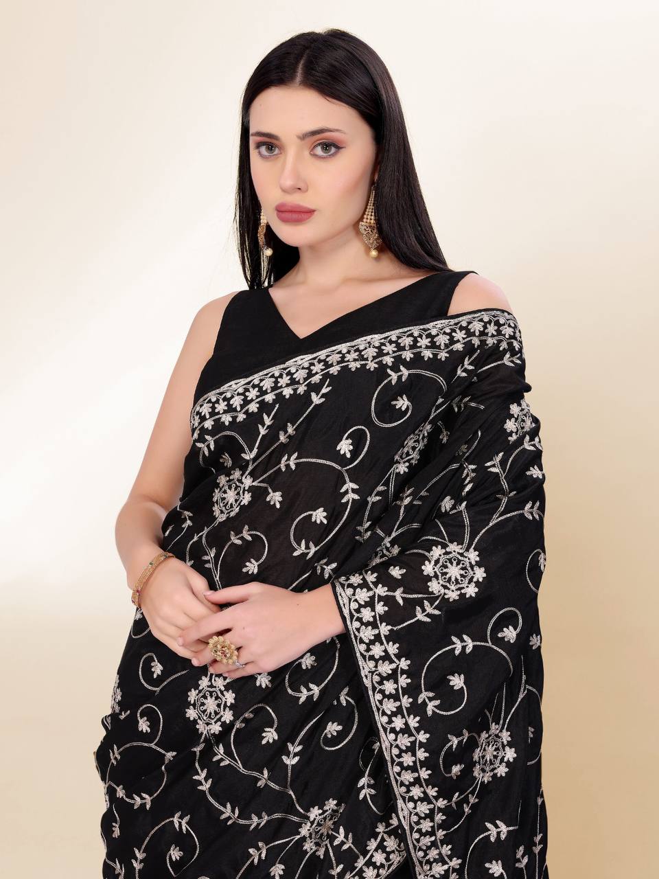 Latest New Black Chinon Silk Saree Collection.