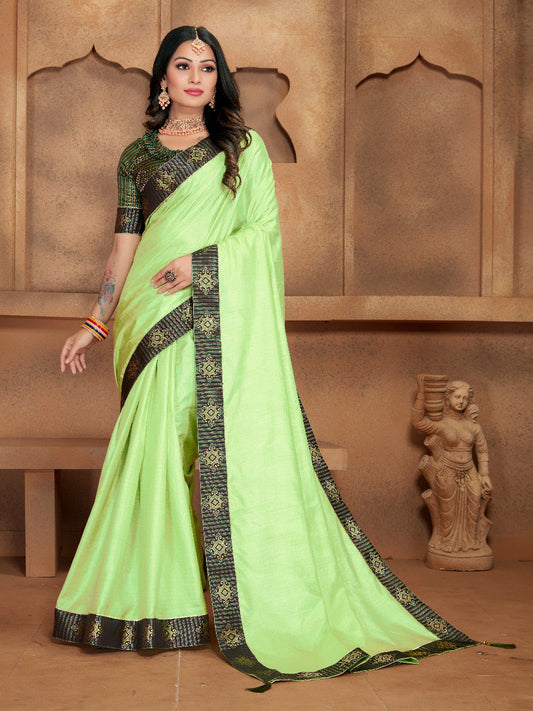Beautiful Pista Color Vichitra Cotton Saree Collection.