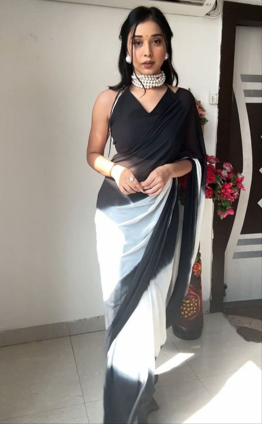 Party Wear Special Double Colourd Black& White Ready To Wear Saree.
