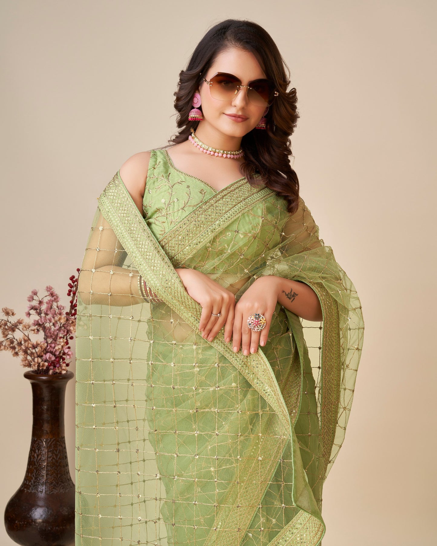 Beautiful Party Wear Designer Pista Soft Butterfly Net Saree.