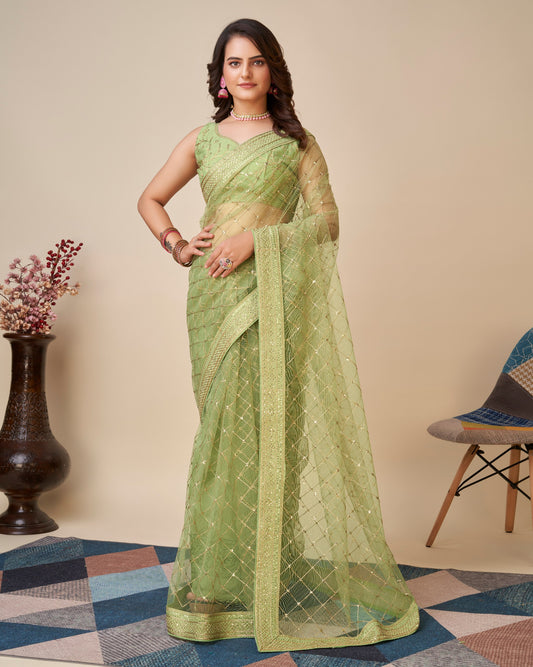 Beautiful Party Wear Designer Pista Soft Butterfly Net Saree.