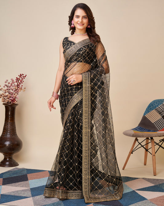 Attractive Look Designer  Navy Blue Soft Butterfly Net Saree.