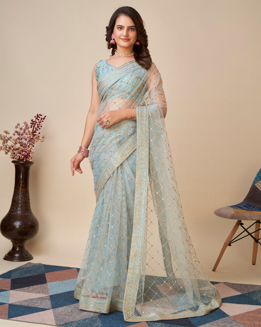 Premium Designer Soft Butterfly Net Sky Blue Saree.