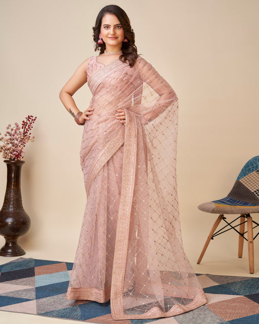 Looking Beautiful Designer Pink Soft Butterfly Net Saree.